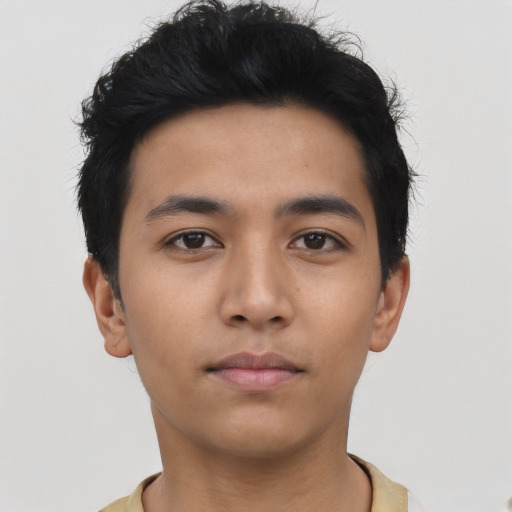 Neutral asian young-adult male with short  black hair and brown eyes
