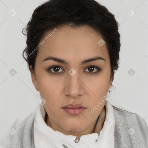 Neutral white young-adult female with short  brown hair and brown eyes