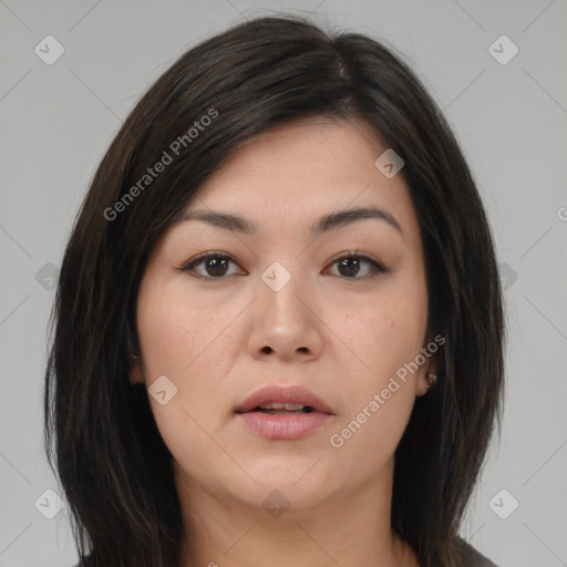 Neutral asian young-adult female with medium  brown hair and brown eyes