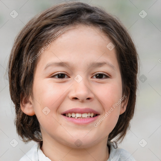 Joyful white child female with medium  brown hair and brown eyes