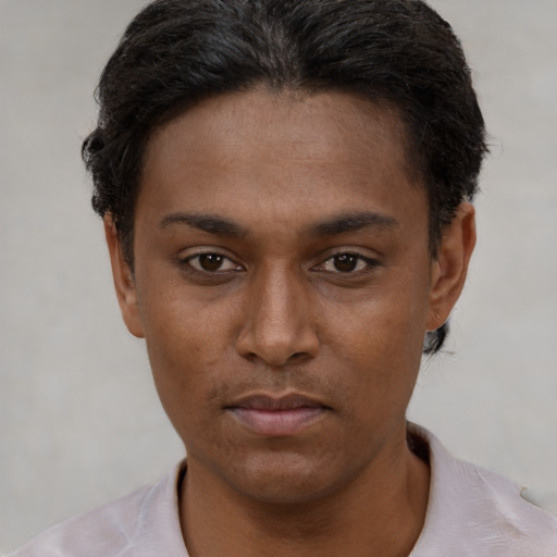 Neutral black young-adult female with short  black hair and brown eyes