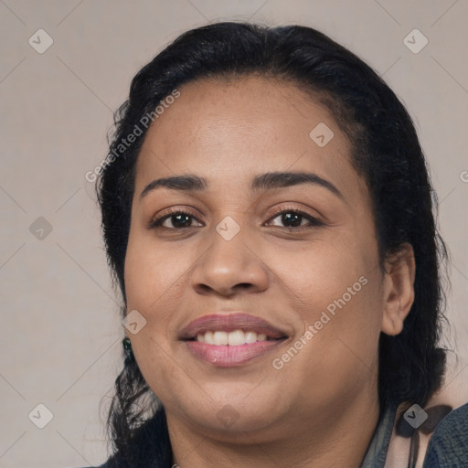Joyful latino young-adult female with medium  black hair and brown eyes