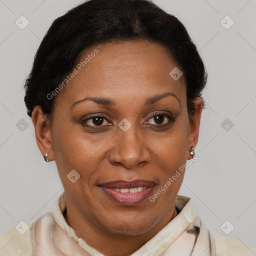 Joyful latino adult female with short  brown hair and brown eyes