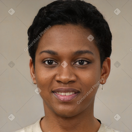 Joyful black young-adult female with short  black hair and brown eyes