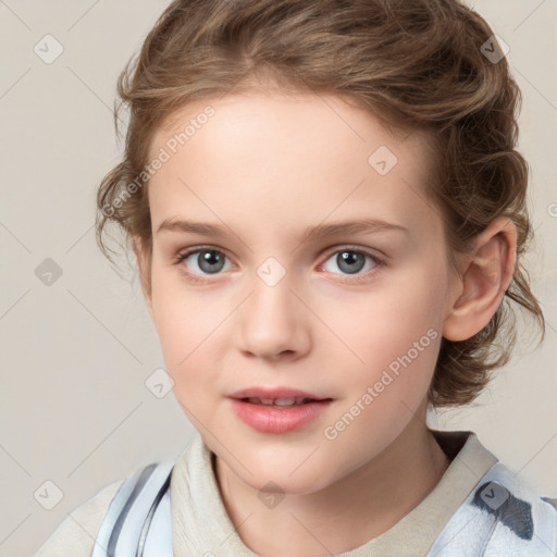 Joyful white child female with medium  brown hair and grey eyes