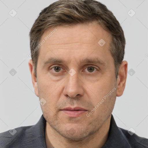 Neutral white adult male with short  brown hair and brown eyes