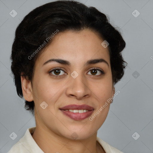 Joyful latino young-adult female with short  brown hair and brown eyes