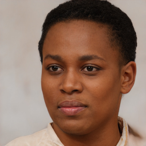 Joyful black young-adult female with short  brown hair and brown eyes