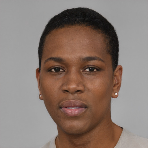 Neutral black young-adult female with short  black hair and brown eyes