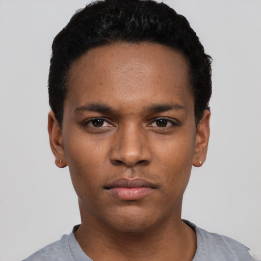 Neutral black young-adult male with short  black hair and brown eyes