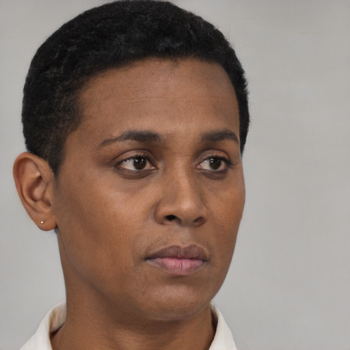 Neutral black young-adult female with short  brown hair and brown eyes