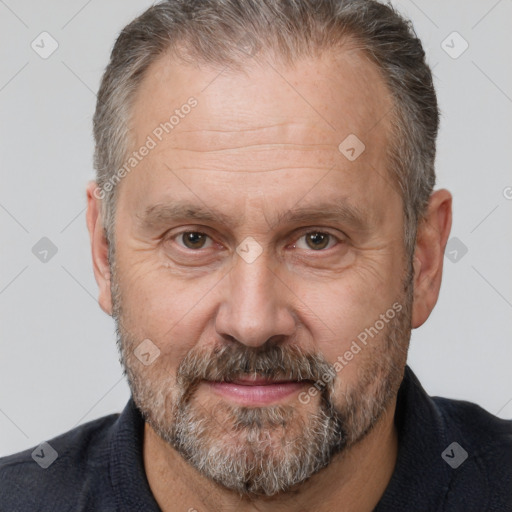 Neutral white middle-aged male with short  brown hair and brown eyes