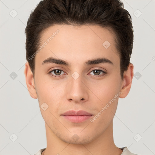 Neutral white young-adult male with short  brown hair and brown eyes