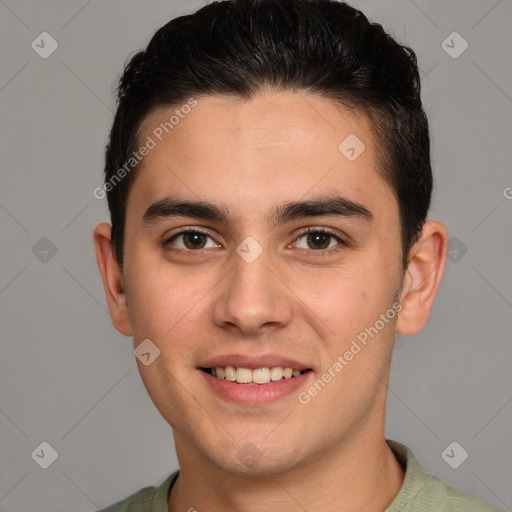 Joyful white young-adult male with short  brown hair and brown eyes