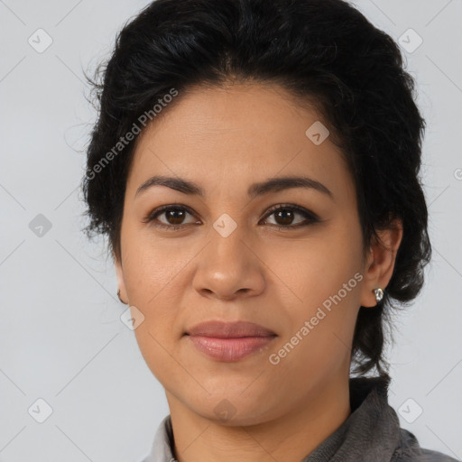 Joyful asian young-adult female with long  brown hair and brown eyes