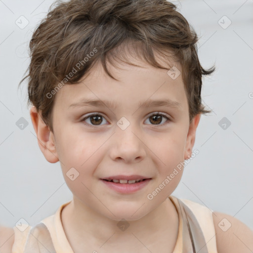 Joyful white child female with short  brown hair and brown eyes