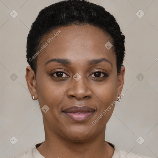 Joyful black young-adult female with short  black hair and brown eyes