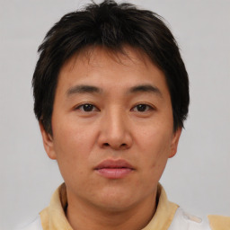 Neutral asian young-adult male with short  brown hair and brown eyes