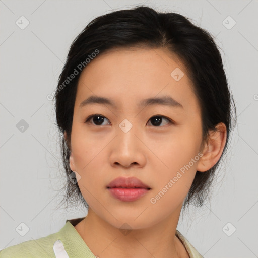 Neutral asian young-adult female with medium  black hair and brown eyes