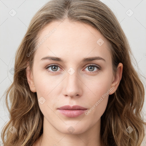 Neutral white young-adult female with long  brown hair and grey eyes