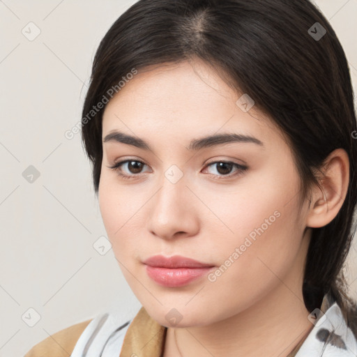 Neutral white young-adult female with medium  brown hair and brown eyes