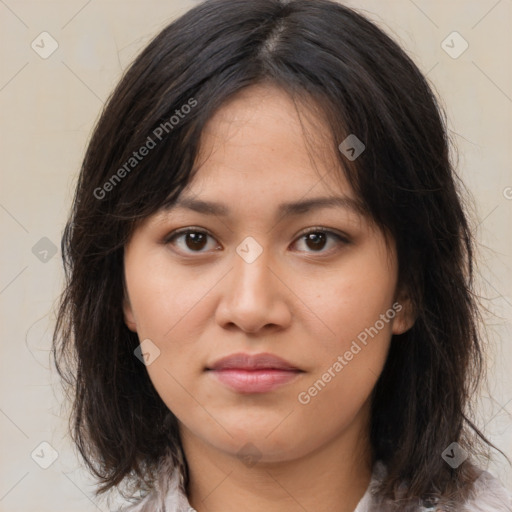 Neutral asian young-adult female with medium  brown hair and brown eyes