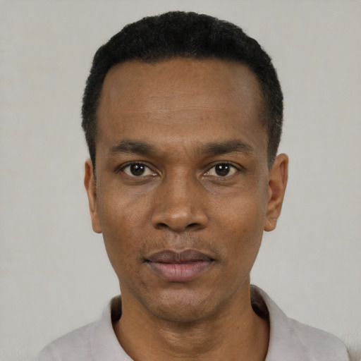 Neutral black adult male with short  black hair and brown eyes