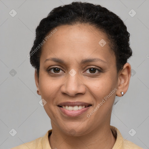 Joyful latino young-adult female with short  brown hair and brown eyes