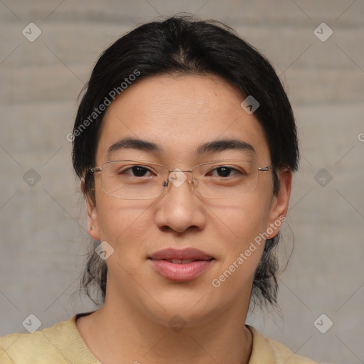 Joyful asian young-adult female with medium  brown hair and brown eyes