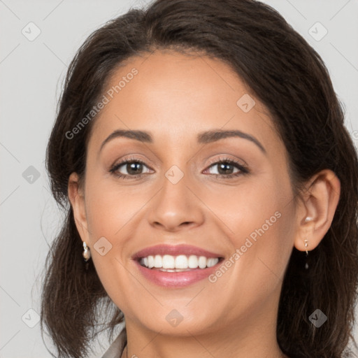 Joyful white young-adult female with long  brown hair and brown eyes