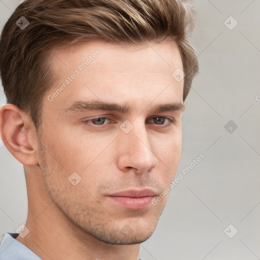 Neutral white young-adult male with short  brown hair and grey eyes