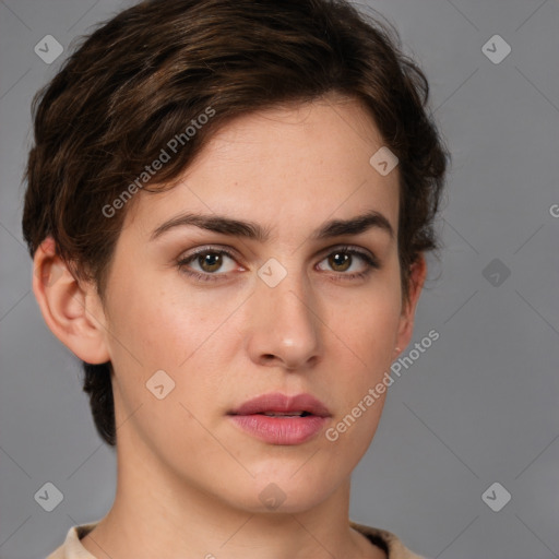 Neutral white young-adult female with medium  brown hair and brown eyes