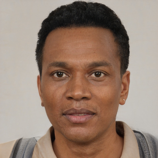 Neutral black adult male with short  black hair and brown eyes