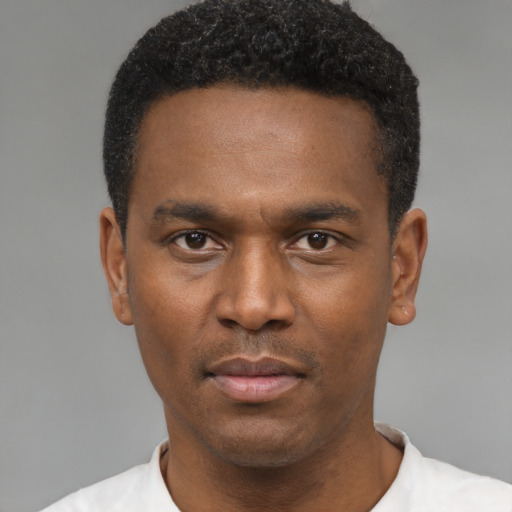 Neutral black young-adult male with short  black hair and brown eyes