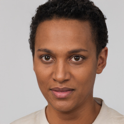 Neutral black young-adult female with short  black hair and brown eyes