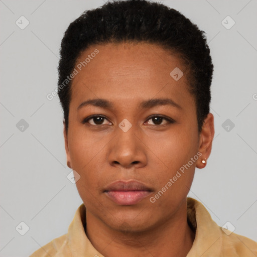 Neutral black young-adult female with short  black hair and brown eyes