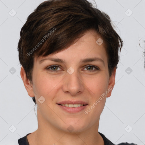 Joyful white young-adult female with short  brown hair and grey eyes