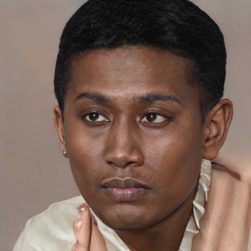 Neutral black young-adult male with short  black hair and brown eyes