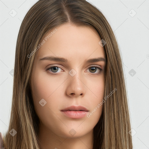 Neutral white young-adult female with long  brown hair and brown eyes