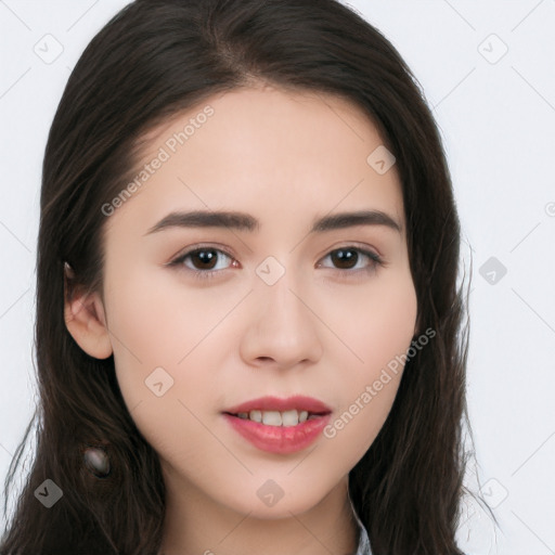 Neutral white young-adult female with long  brown hair and brown eyes