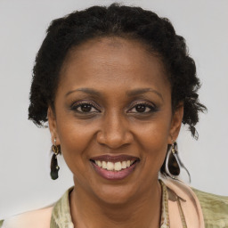 Joyful black adult female with medium  brown hair and brown eyes