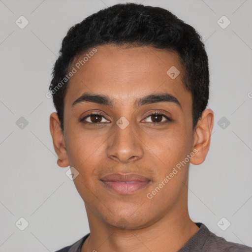 Neutral latino young-adult male with short  black hair and brown eyes