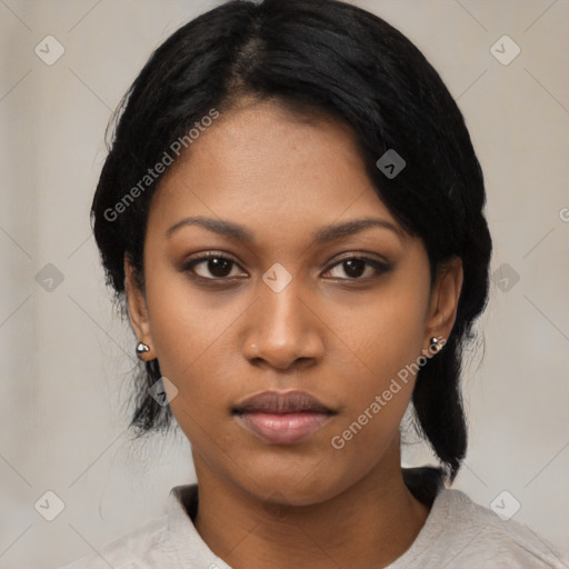 Neutral asian young-adult female with medium  black hair and brown eyes