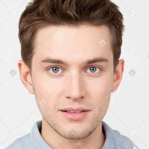 Neutral white young-adult male with short  brown hair and grey eyes