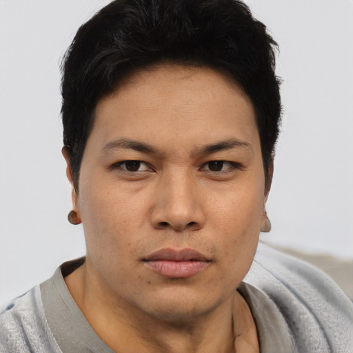 Neutral asian young-adult male with short  brown hair and brown eyes