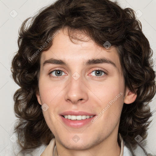 Joyful white young-adult female with medium  brown hair and green eyes