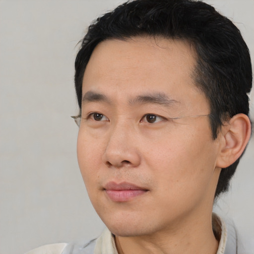 Neutral asian adult male with short  black hair and brown eyes