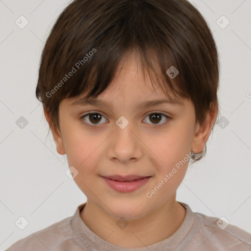 Joyful white child female with short  brown hair and brown eyes