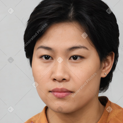 Neutral asian young-adult female with medium  black hair and brown eyes