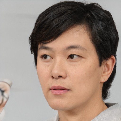 Neutral asian young-adult male with medium  brown hair and brown eyes